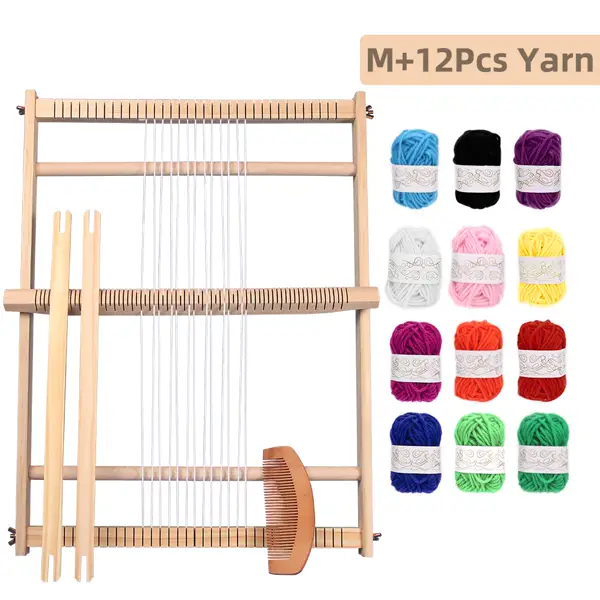 LoomCraft Medium weaving loom kit shown with its 12 included yarn skeins, comb, and shuttles