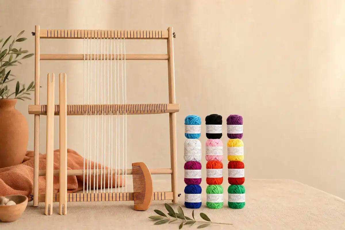 LoomCraft wood-frame weaving loom with comb and forked shuttle set, ready for tapestry weaving