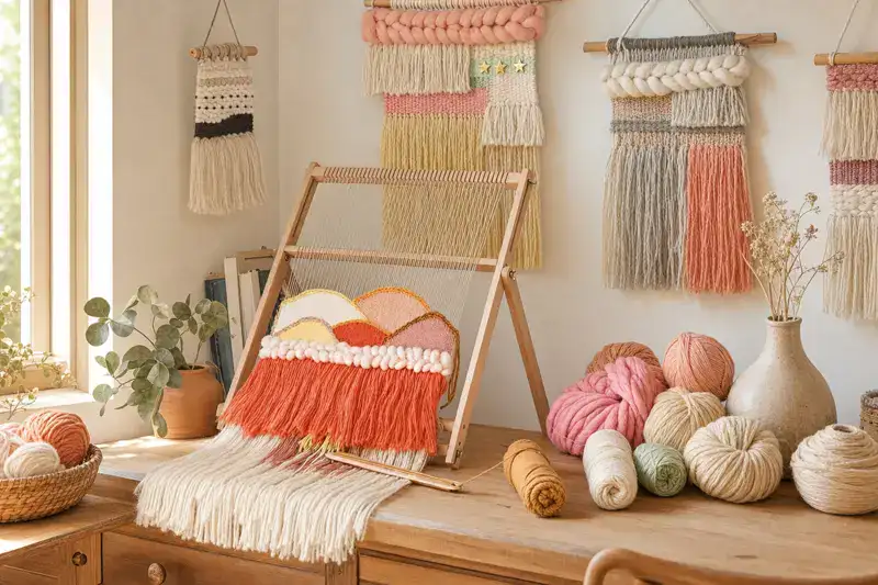Hands weaving colorful yarn across a LoomCraft weaving loom