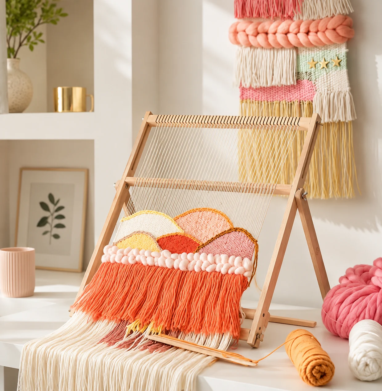 LoomCraft weaving loom set up on a desk with a woven wall hanging and yarn nearby