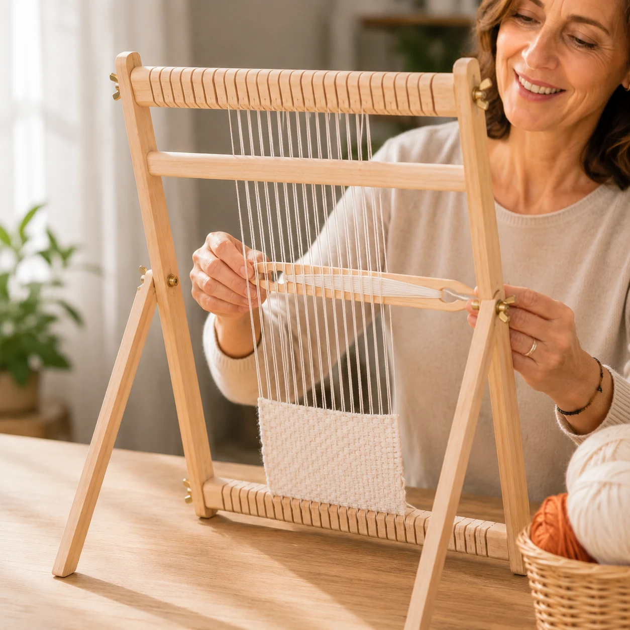 A beginner weaver working on a LoomCraft frame loom