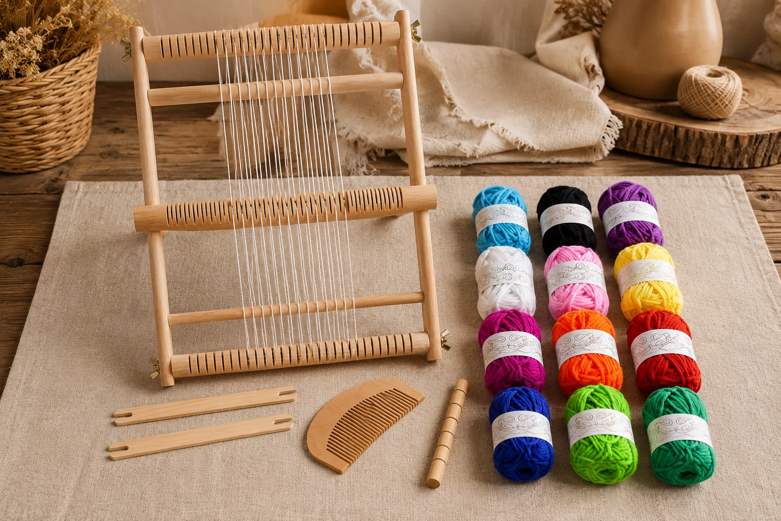 A LoomCraft frame loom with all included tools and the 12-color yarn set laid out