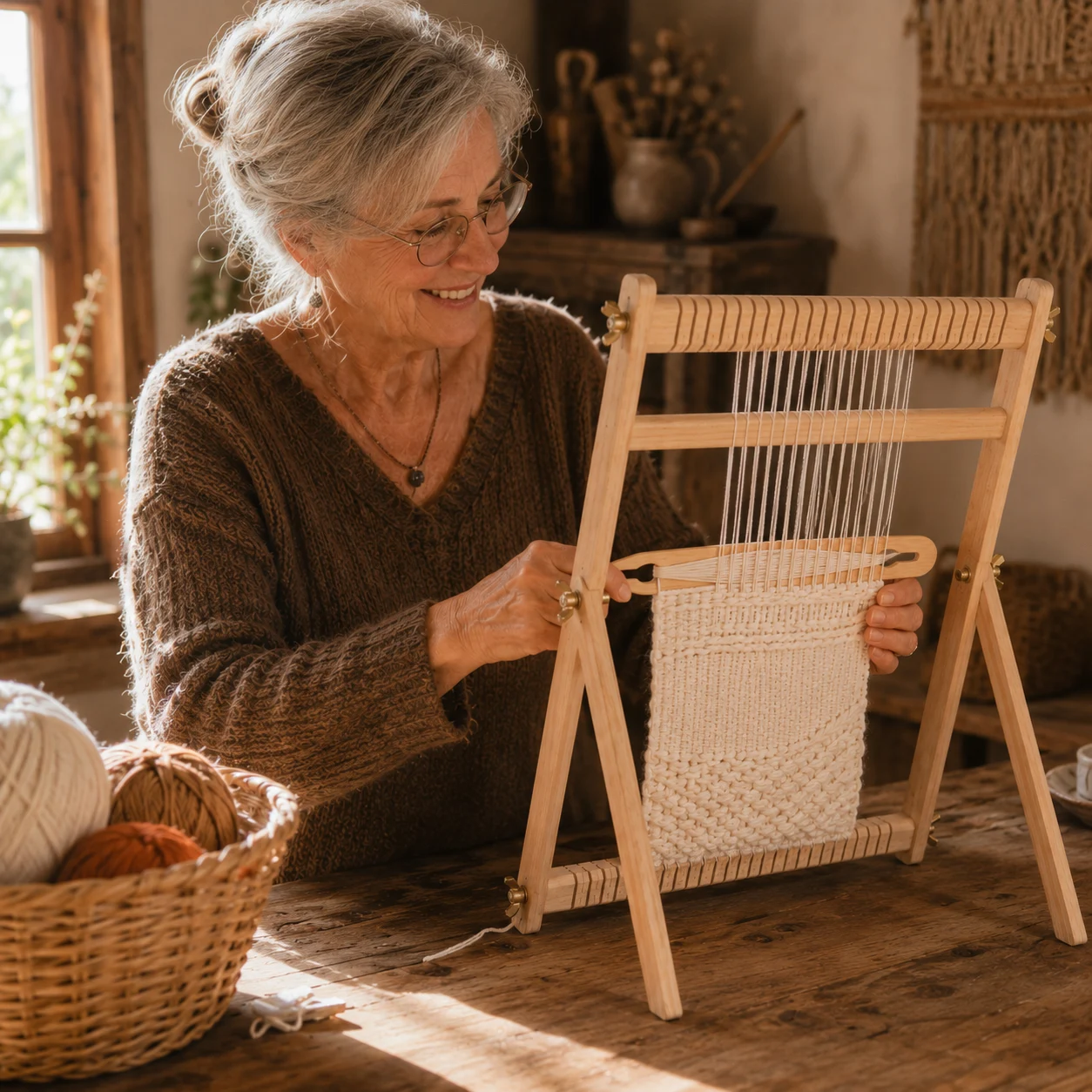 A weaver setting up a LoomCraft frame loom at a rustic wooden table