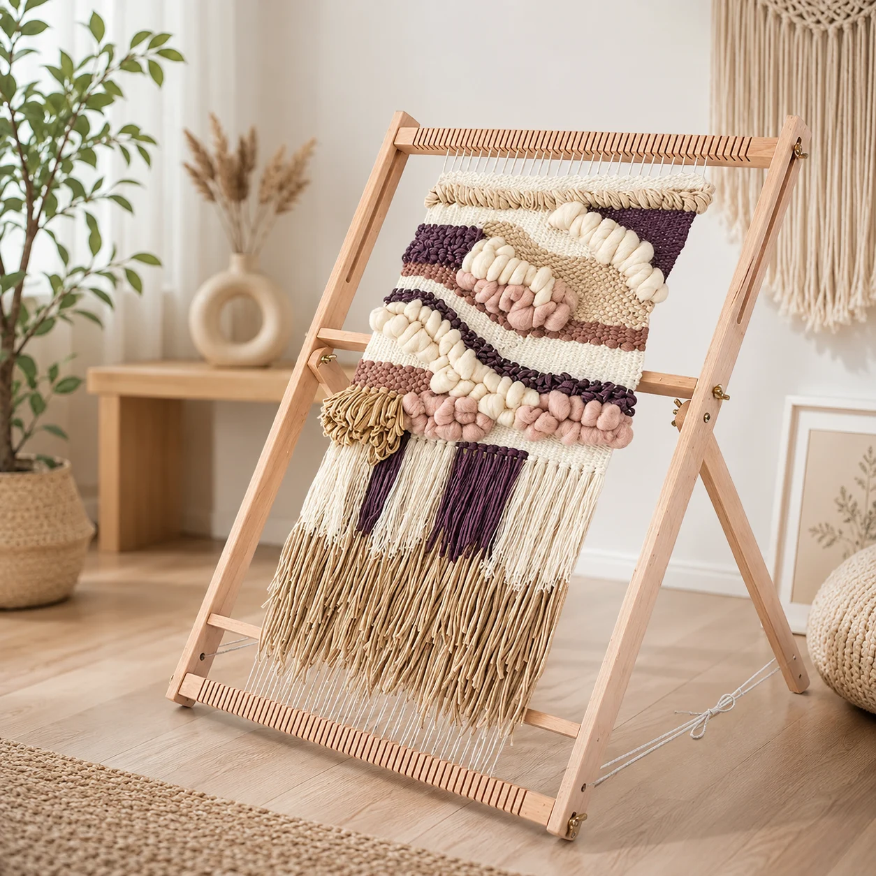 A large weft-faced tapestry piece woven on a LoomCraft frame loom