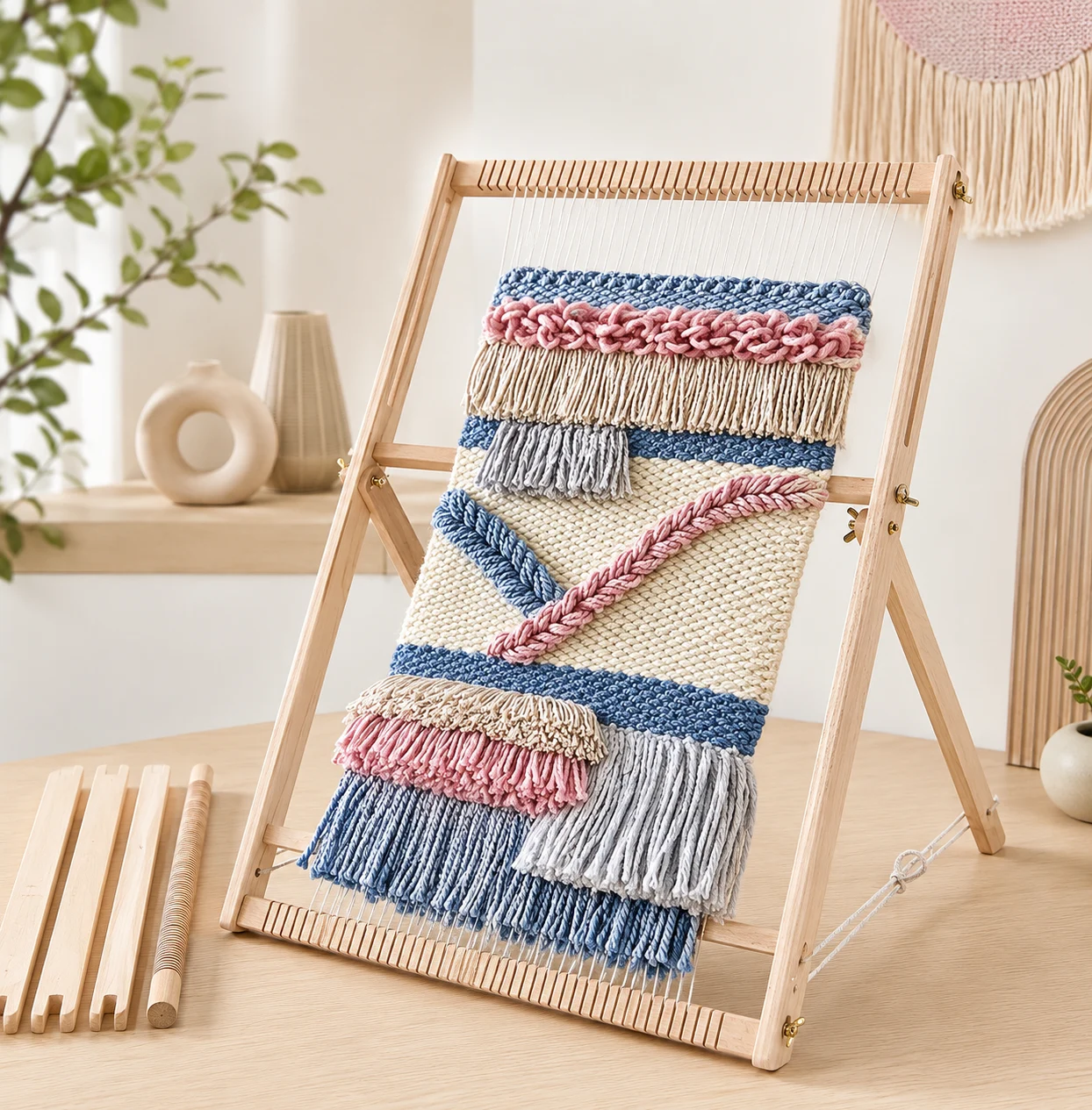 A woven tapestry sample in progress on a LoomCraft frame during testing