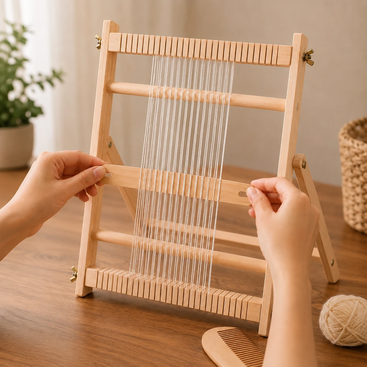 Hands warping a LoomCraft frame loom by hand across the notched bars