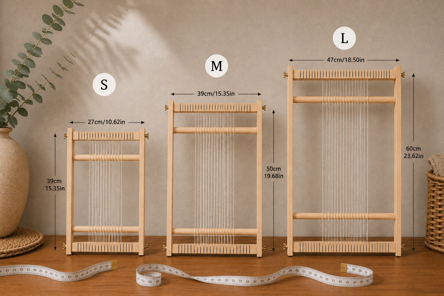LoomCraft Small, Medium, and Large weaving looms side by side with dimensions labeled
